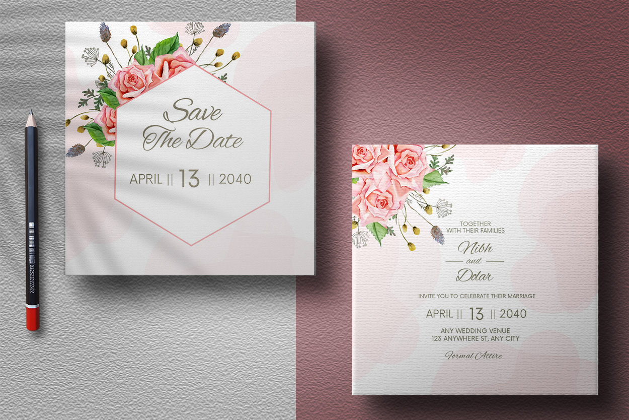 Elegant Floral Wedding Invitation Card with Beautiful Flower and Leaves Watercolor presentation.