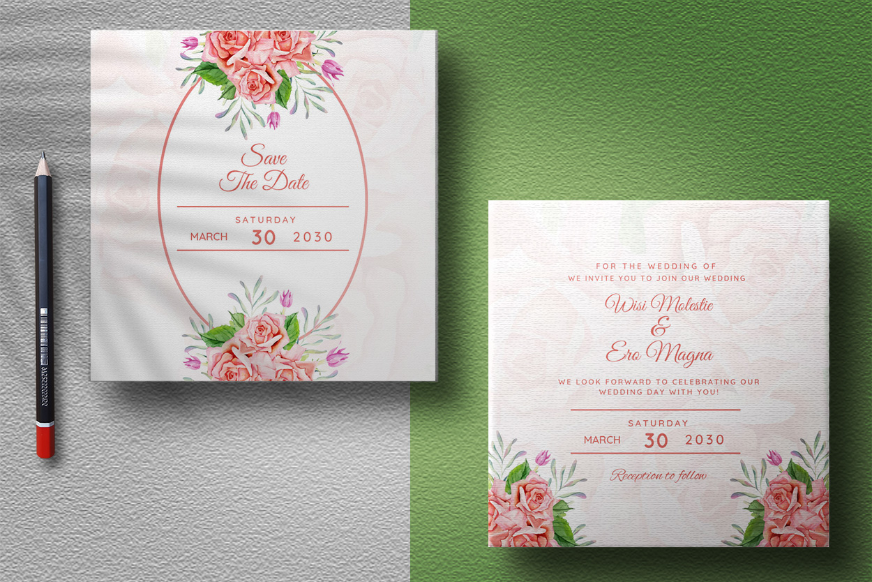 Pink Roses Wedding Invitation Card Design preview image.