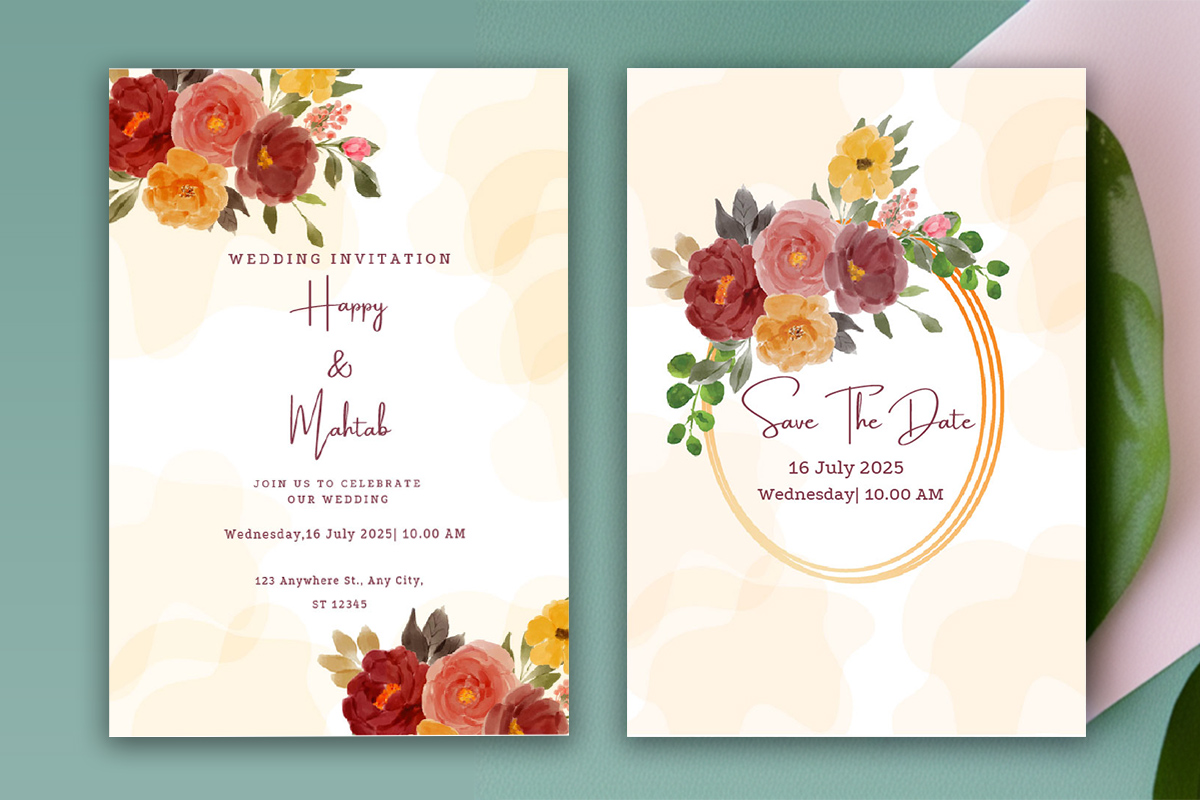 Image of a beautiful wedding invitation with flowers.