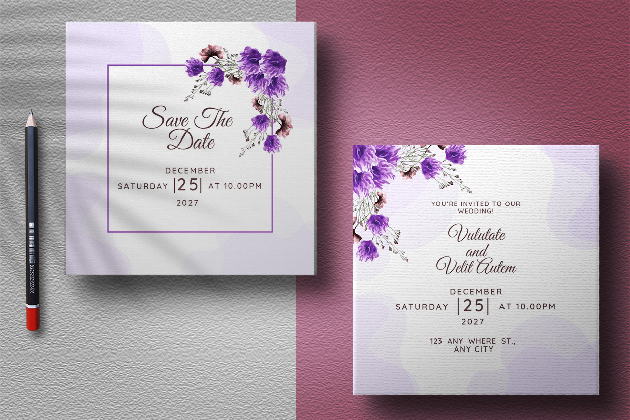 Purple Floral Wedding Invitation Card Design presentation.