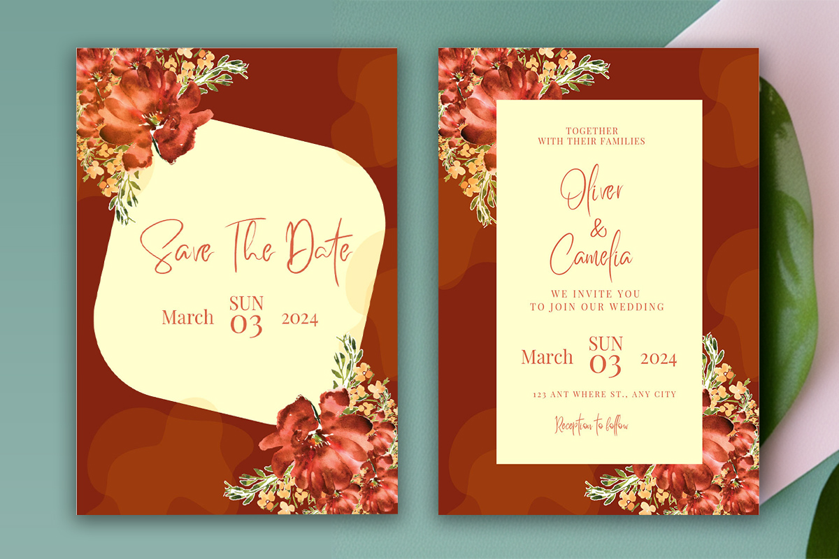 Image of colorful wedding invitation in bright orange color.