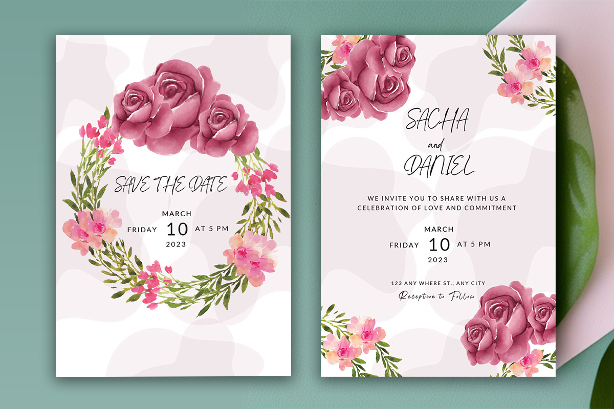 Image of elegant wedding invitation with rose flowers.