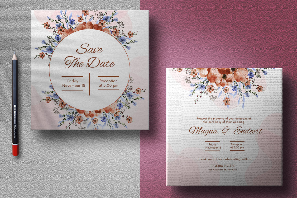 Beautiful Brown Floral Wedding Invitation Card Design presentation.