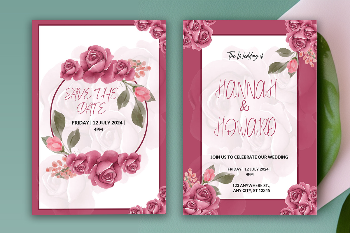 Image of a unique wedding invitation with pink color watercolor flowers.