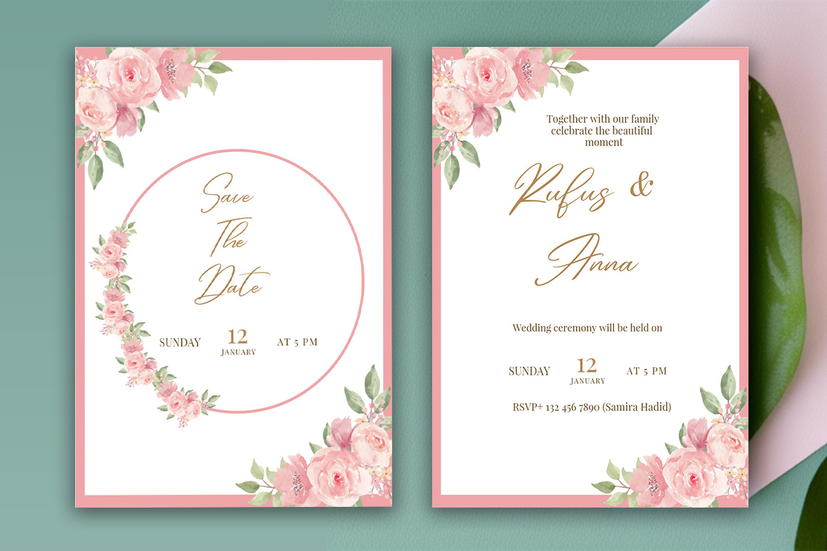 Image of colorful wedding invitation with pink peony flower.