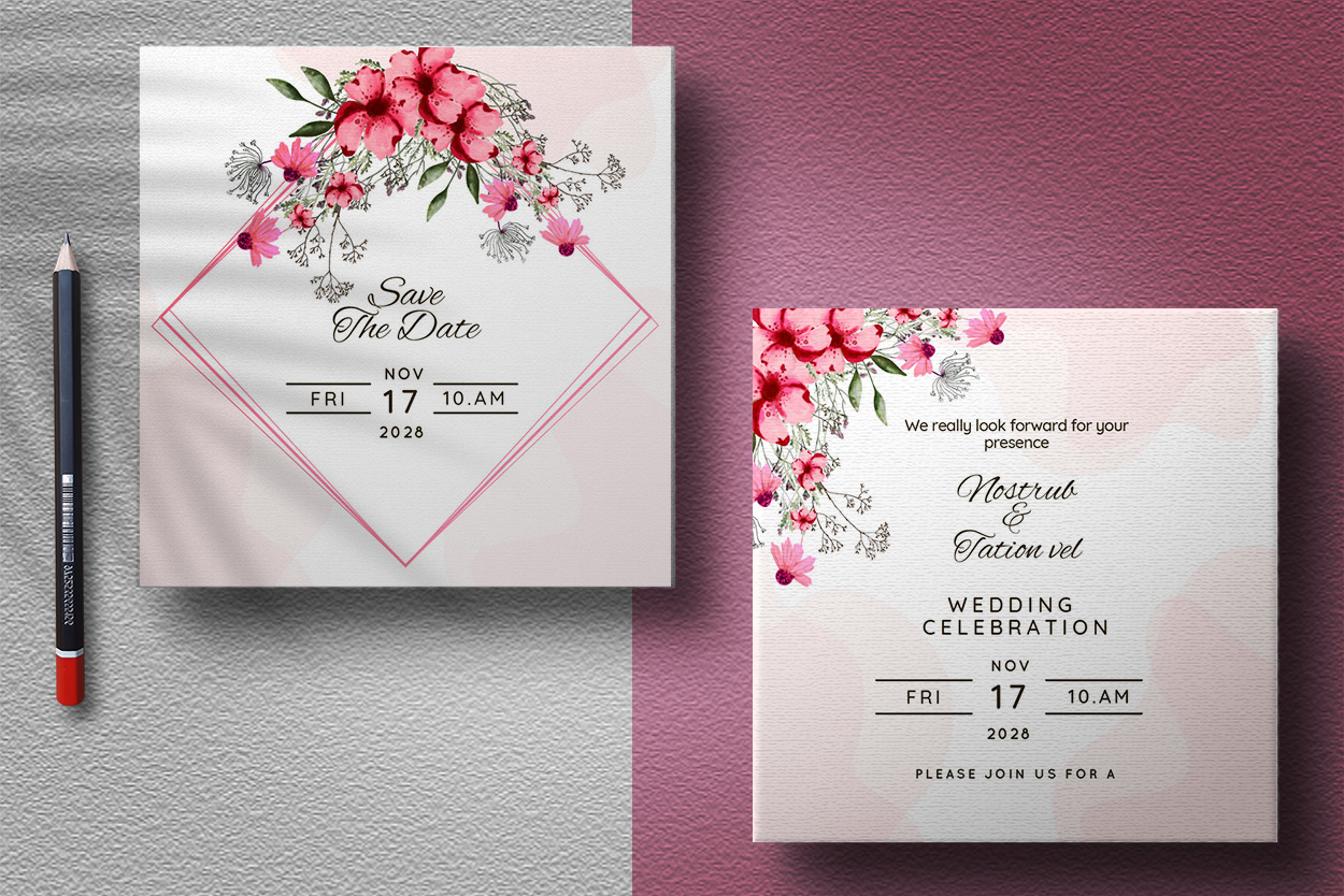 Beautiful Pink Floral Wedding Invitation Card Template preview image.