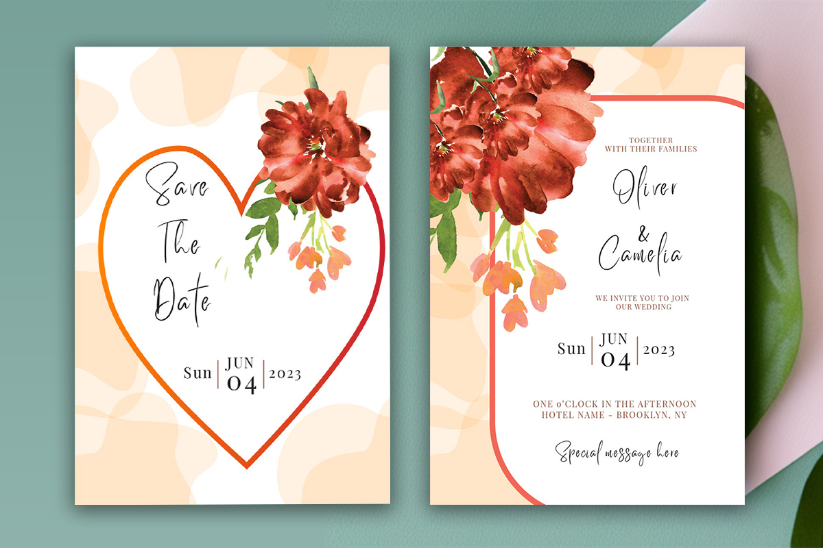 Image of exquisite wedding invitation with heart shaped floral design.