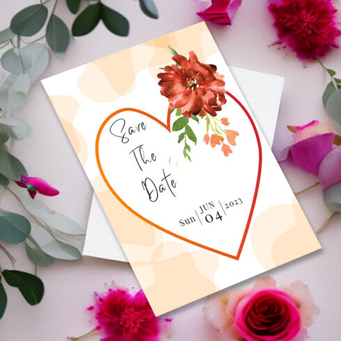 Image of amazing wedding invitation card with heart shaped floral design.