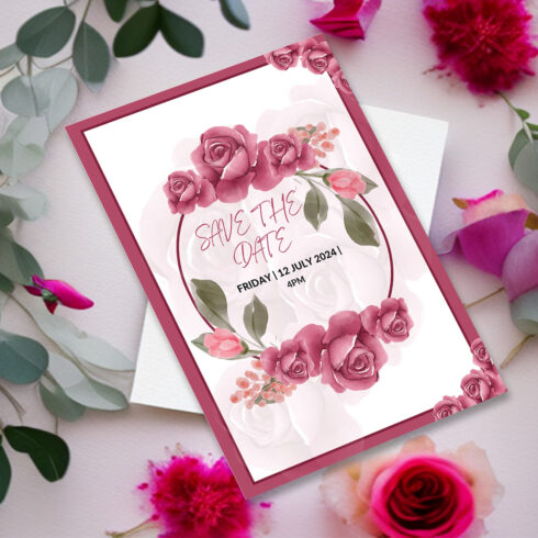 Image of wonderful wedding invitation card with pink color watercolor flowers.