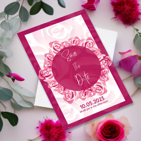 An image of a gorgeous wedding invitation with a hot pink design.