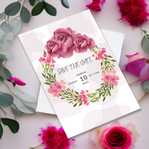 Image of enchanting wedding invitation with rose flowers.