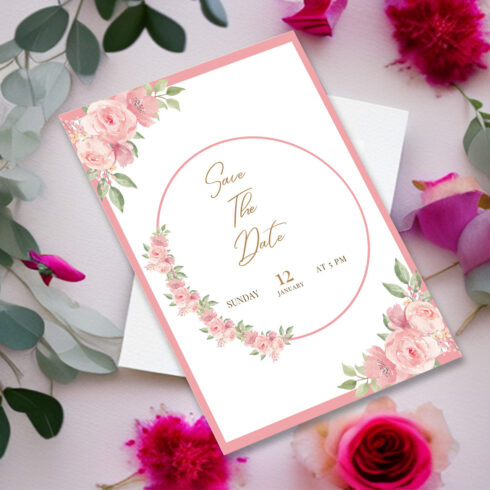 Picture of charming wedding invitation with pink peony flower.