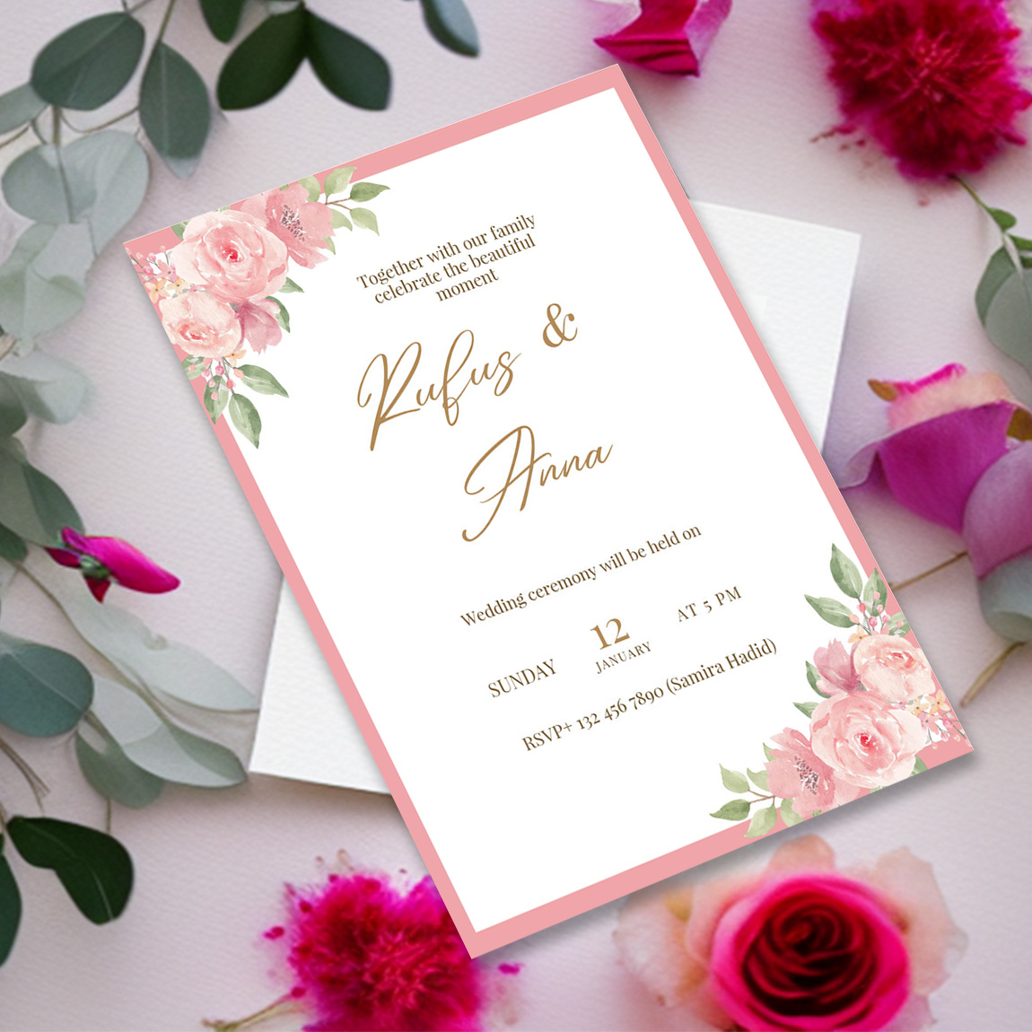 WEDDING INVITATIONS BLANK GOLD & BLUSH ROSE, MARBLE PRINT, PACKS OF 10