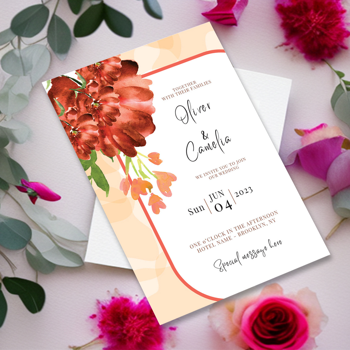 Image of a unique heart shaped floral design wedding invitation.