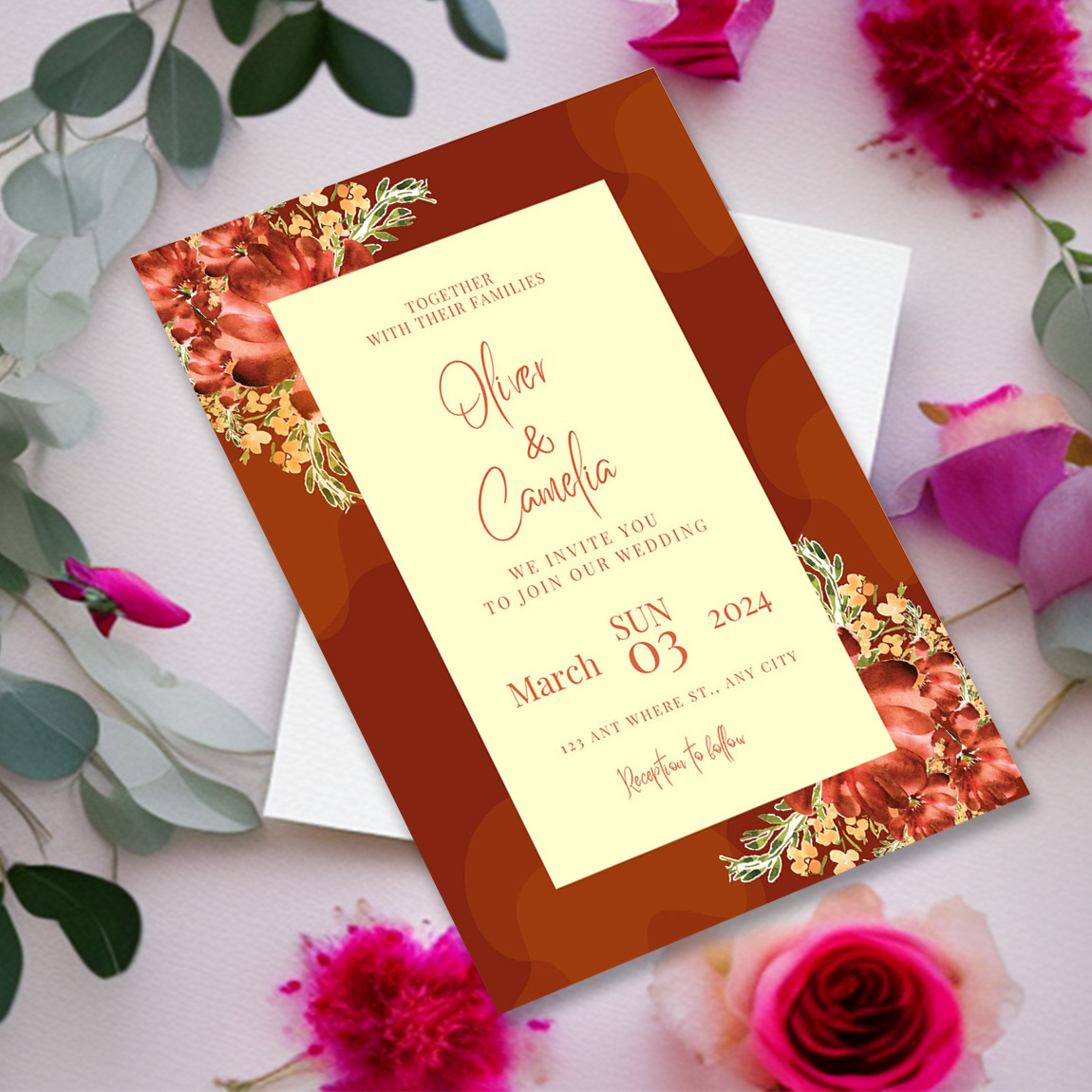 Image of charming wedding invitation in bright orange color.