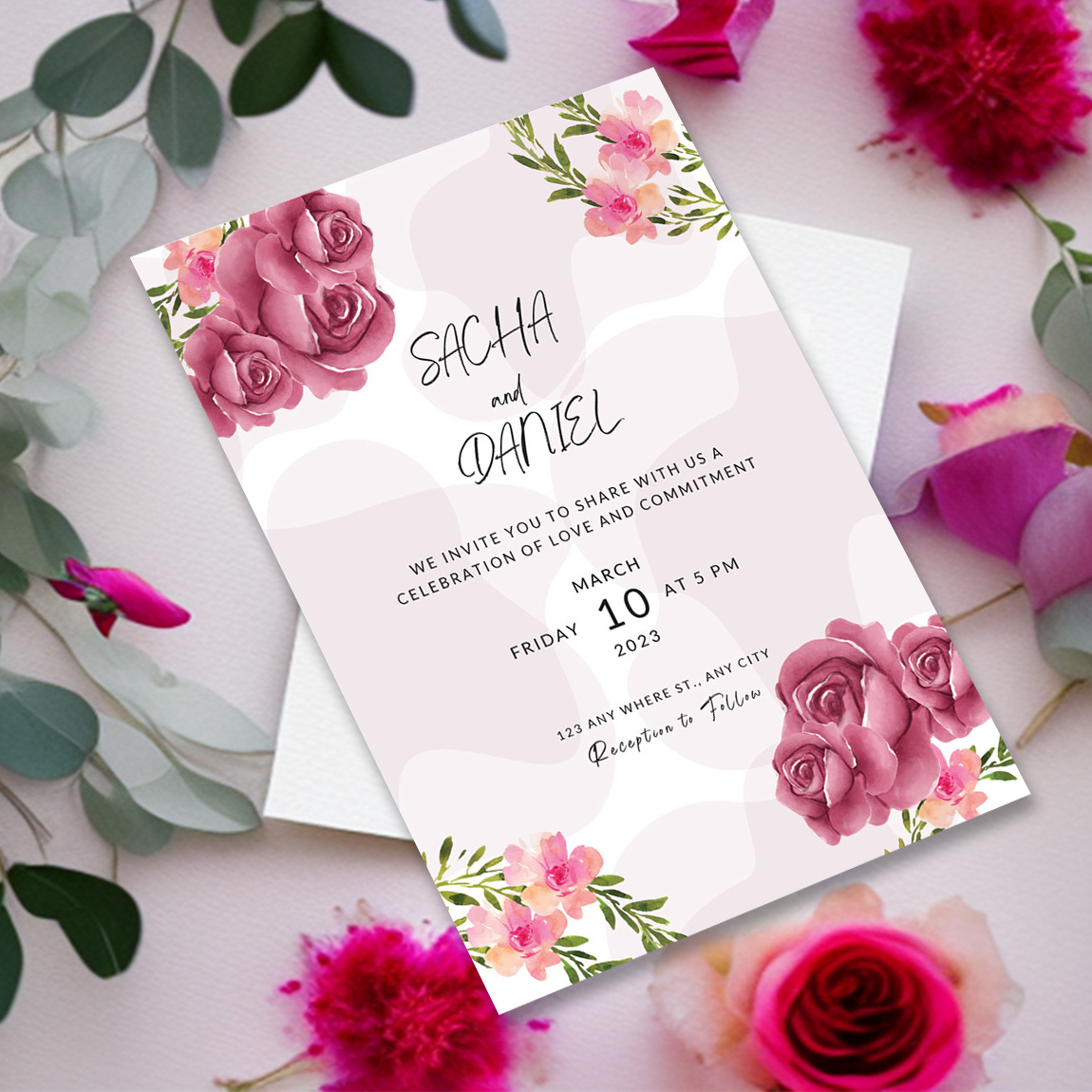 Image of amazing wedding invitation with rose flowers.