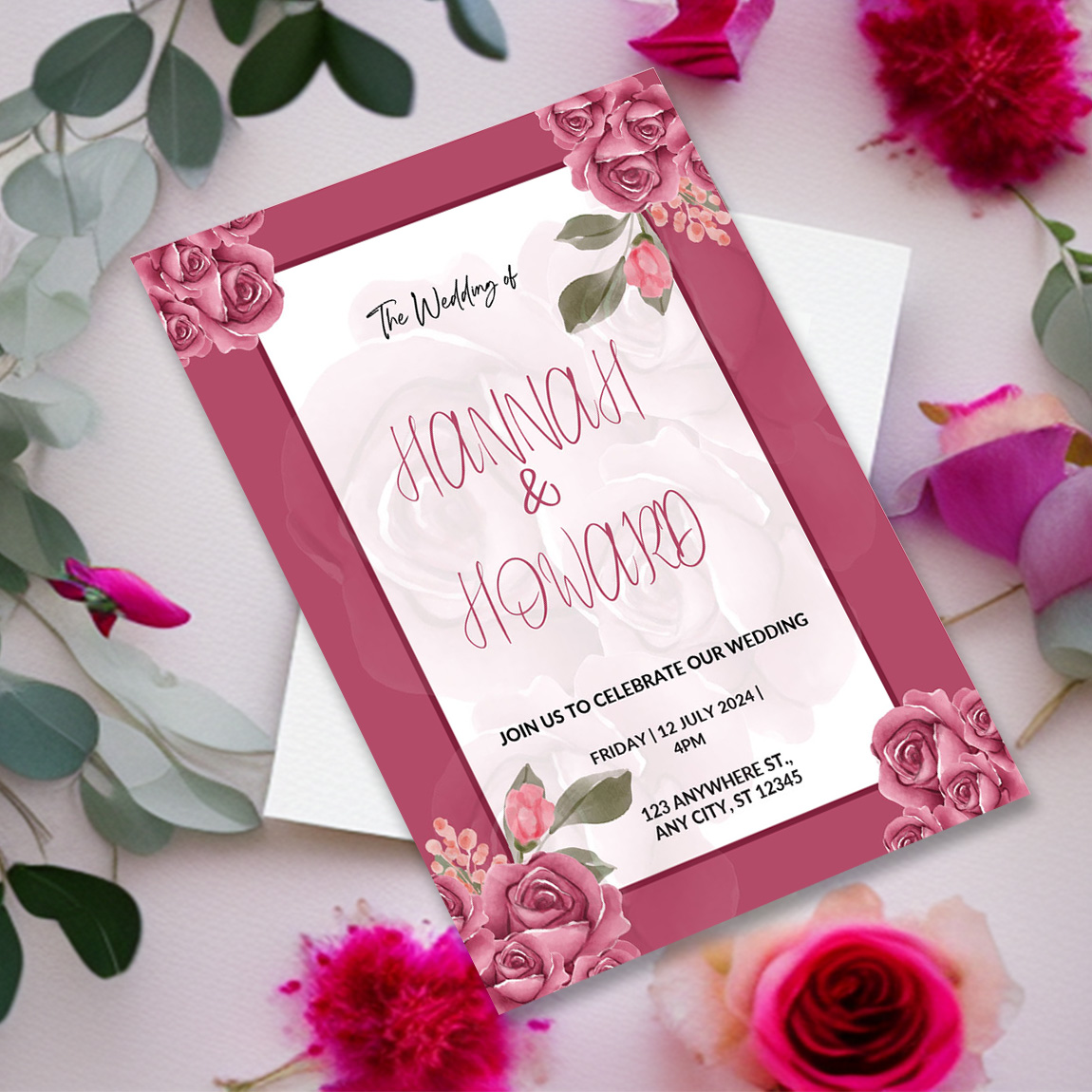 Image of amazing wedding invitation card with pink color watercolor flowers.