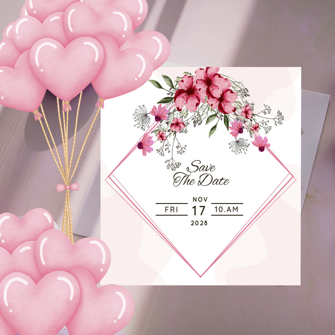 Beautiful Pink Floral Wedding Invitation Card Template cover image.