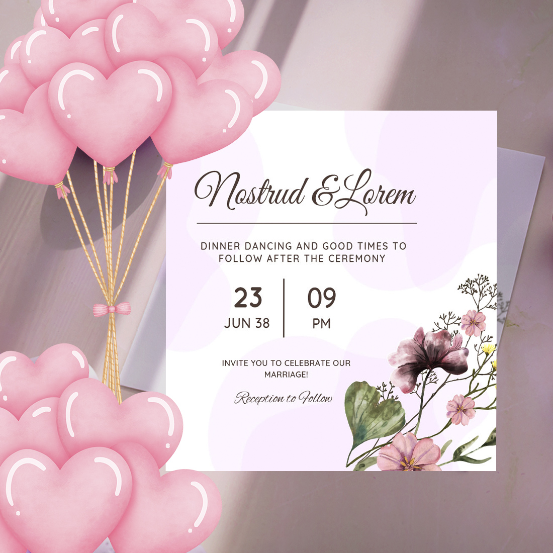 Watercolor Wedding Card Beautiful Flower Template preview.