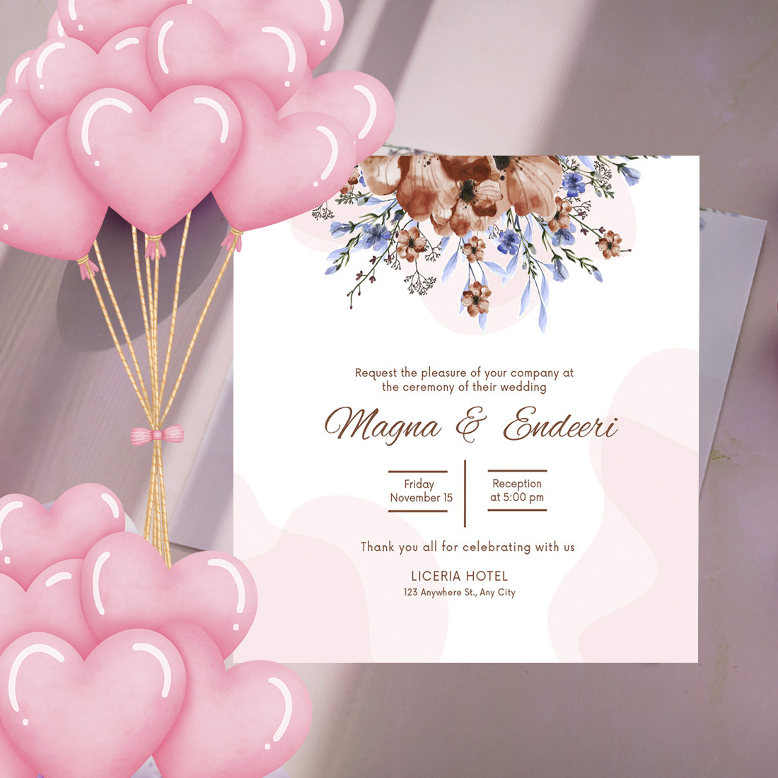 Beautiful Brown Floral Wedding Invitation Card Design preview.