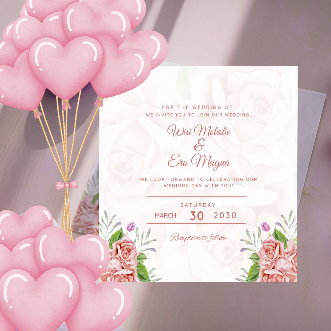 Pink Roses Wedding Invitation Card Design cover image.