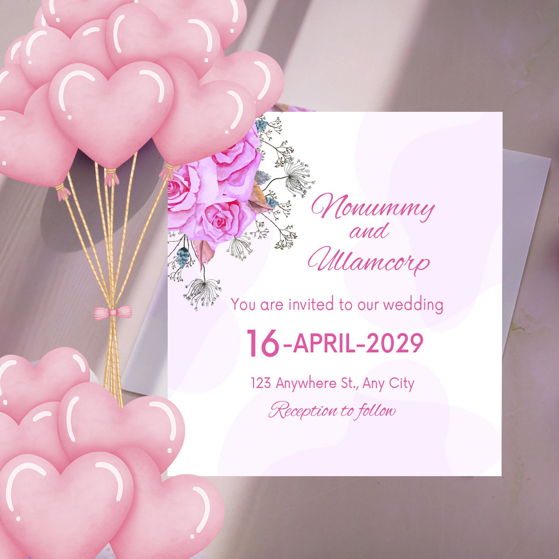 Romantic Pink Flowers Wedding Invitation Card cover image.