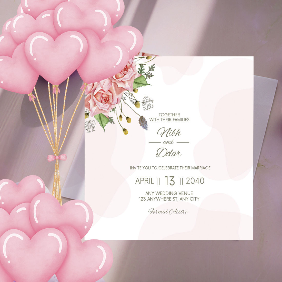 Elegant Floral Wedding Invitation Card with Beautiful Flower and Leaves Watercolor preview.