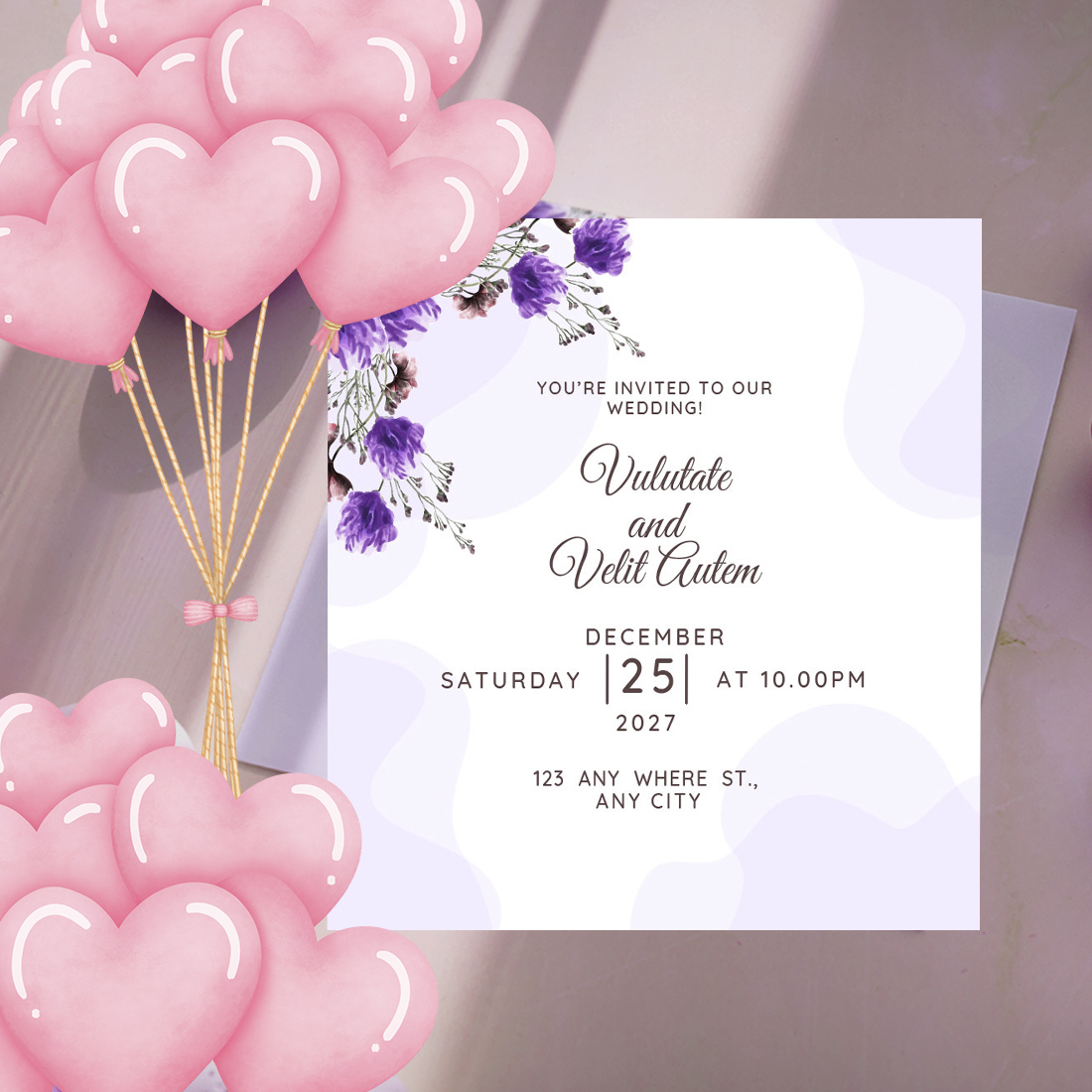 Purple Floral Wedding Invitation Card Design preview.