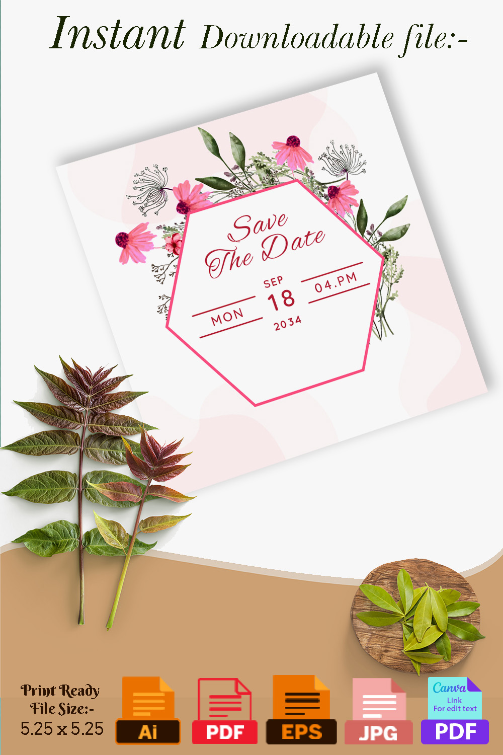 Botanical Floral Wedding Card Template Design Pinterest image.