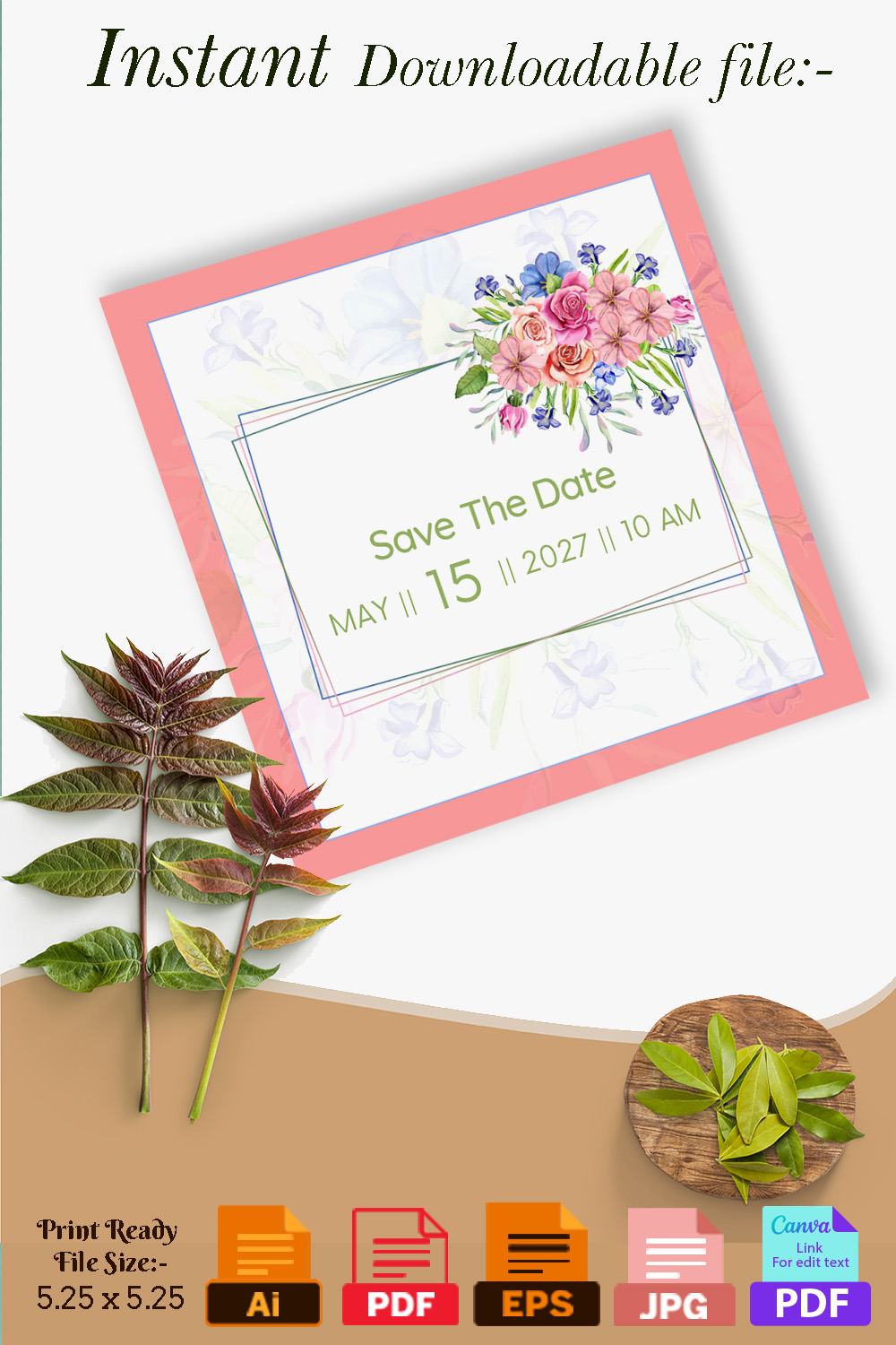 Wedding Invitation Card Watercolour Floral Background pinterest image.