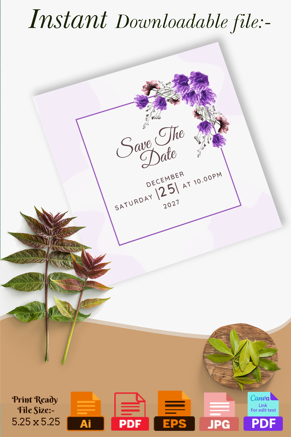 Purple Floral Wedding Invitation Card Design Pinterest image.