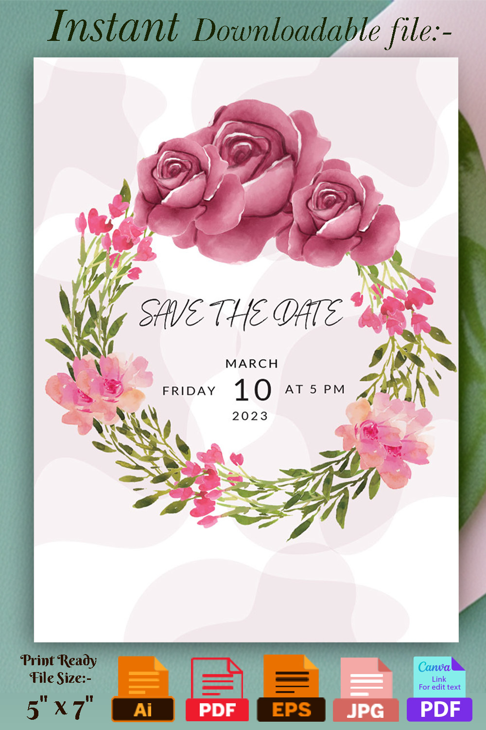 Image of a charming wedding invitation with rose flowers.