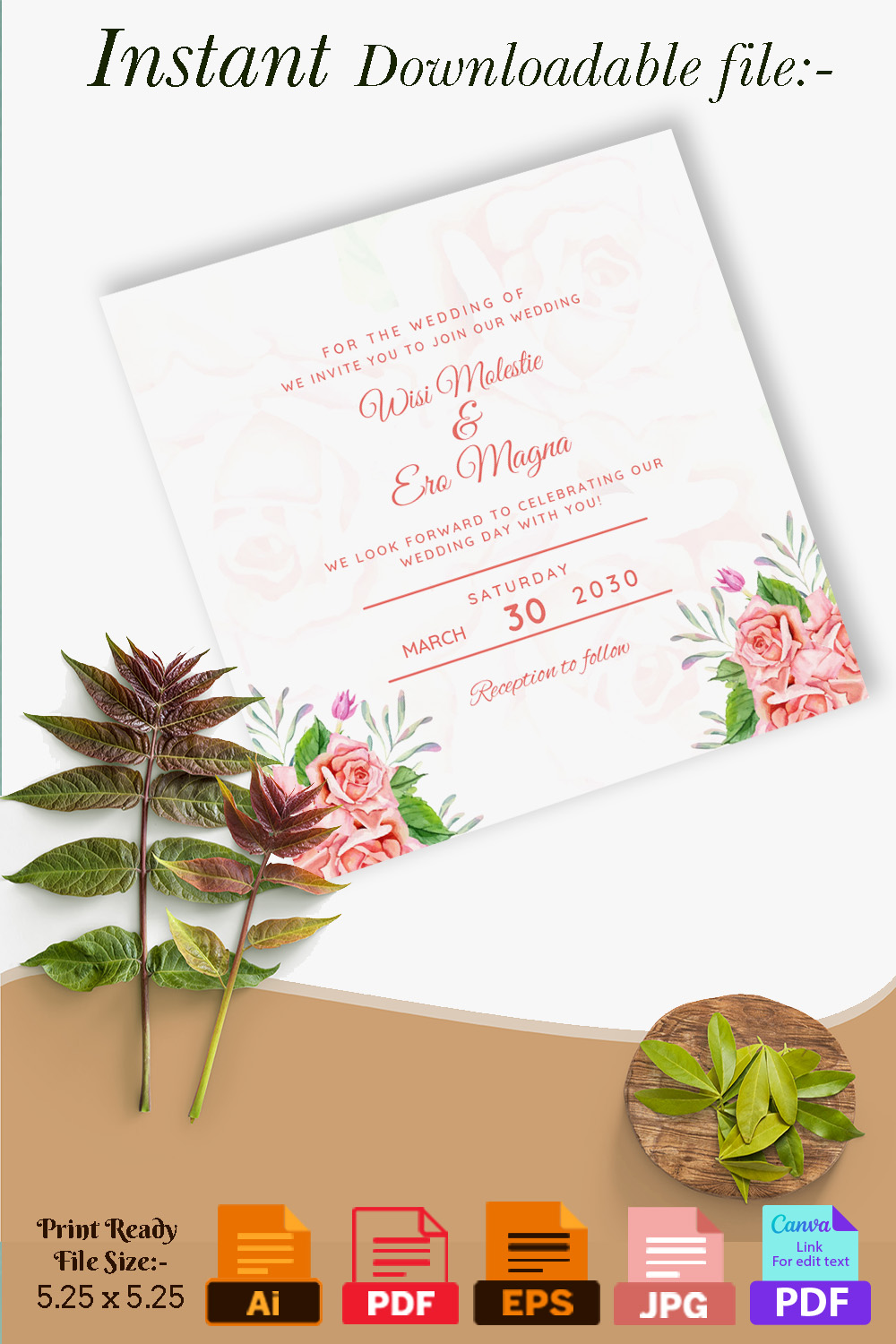 Wedding Invitation Card Design with Pink Roses pinterest image.