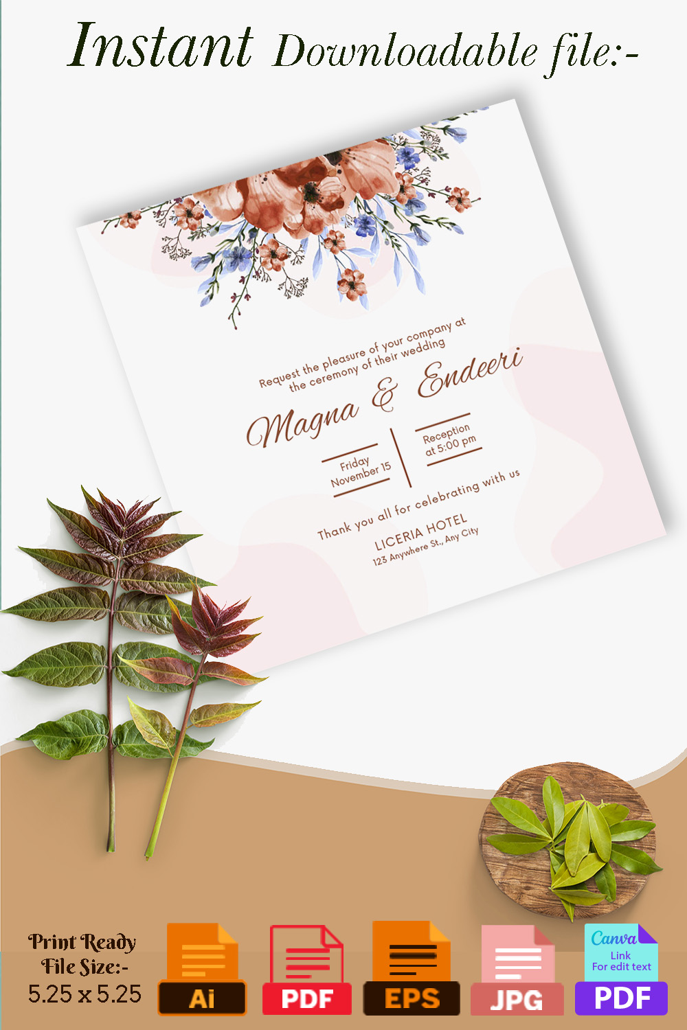 Pinterest image with Beautiful Brown Floral Wedding Invitation Card Design.