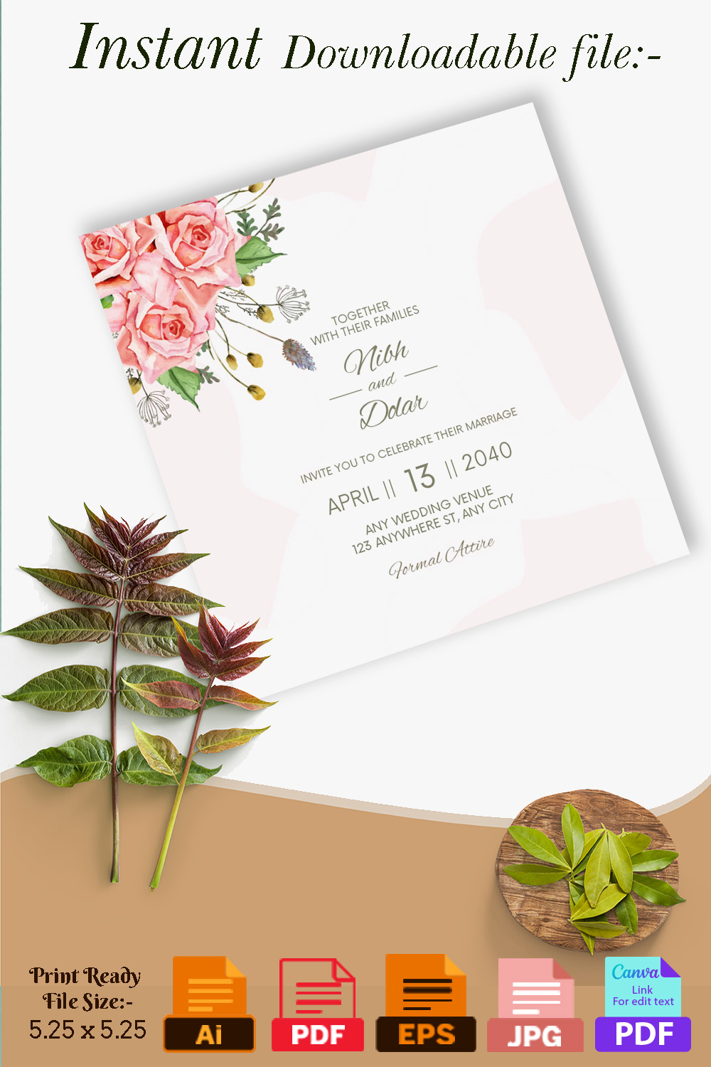 Elegant Floral Wedding Invitation Card with Beautiful Flower and Leaves Watercolor Pinterest image.