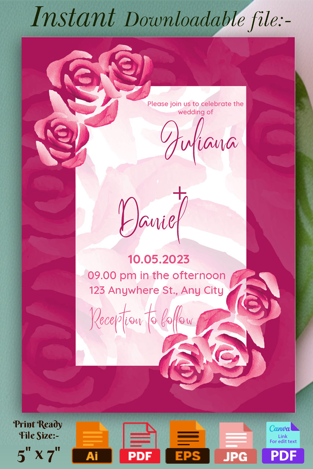 Image of an enchanting wedding invitation with a bright pink design.