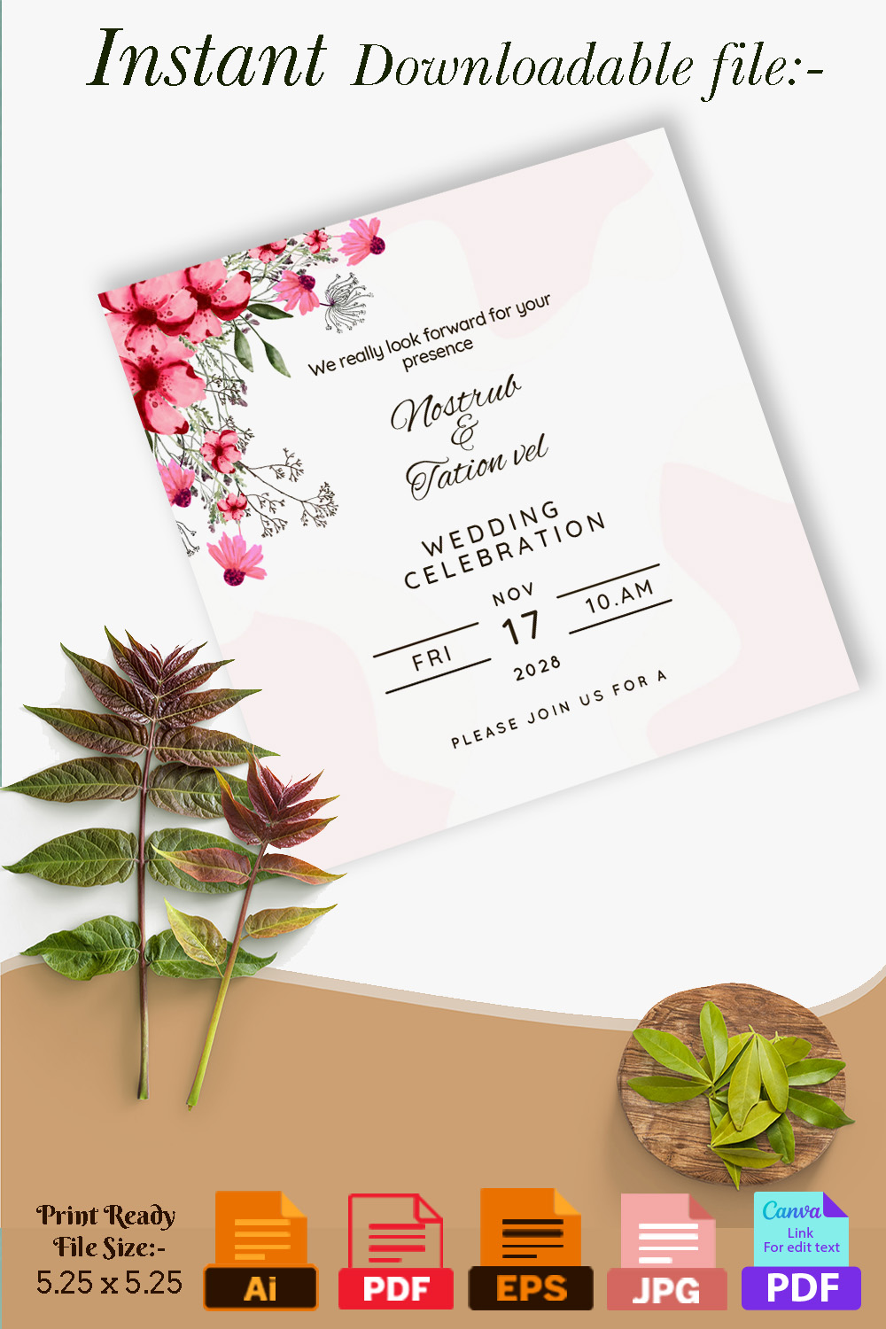 Beautiful Pink Floral Wedding Invitation Card Template pinterest image.