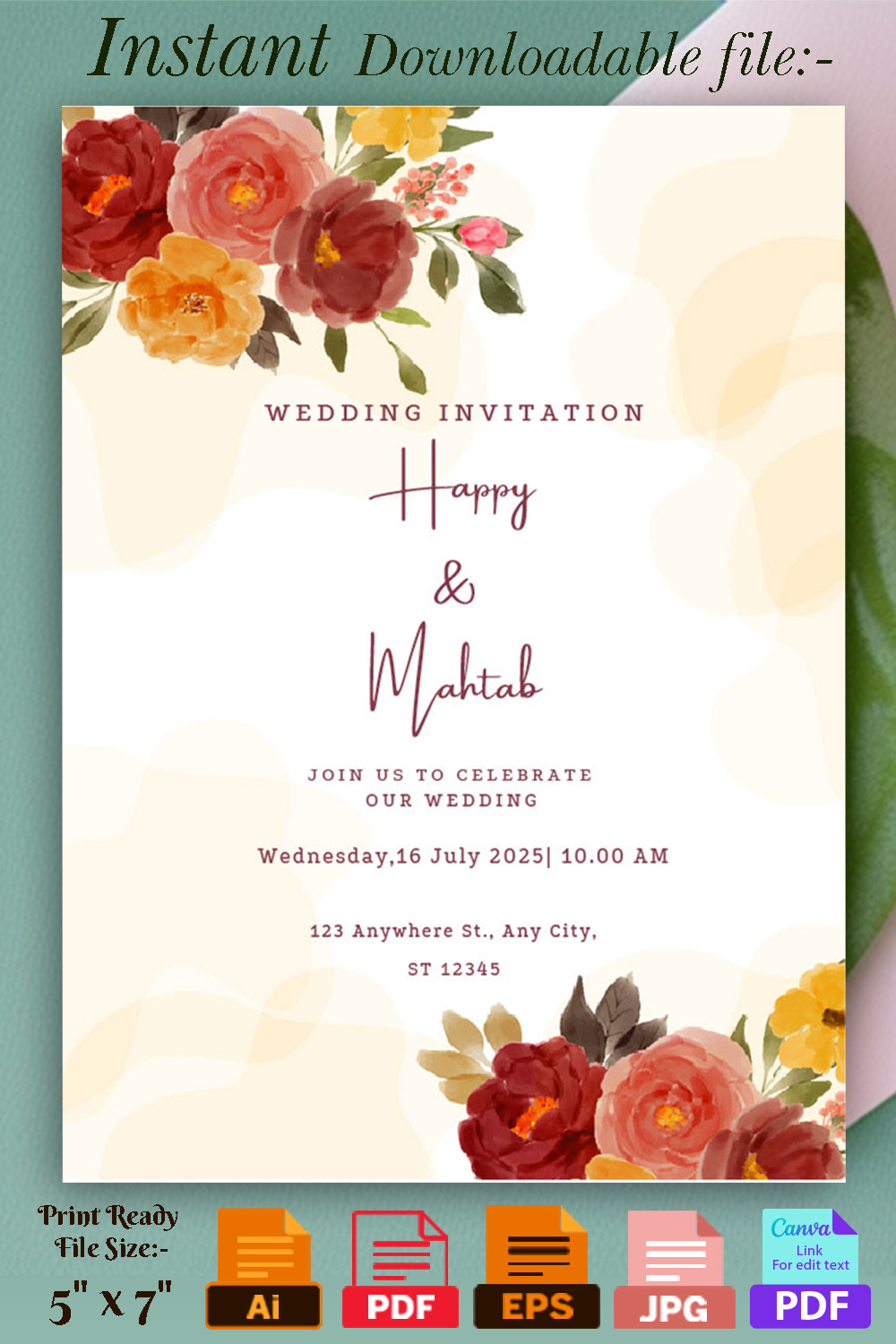 Image of wonderful wedding invitation with flowers.