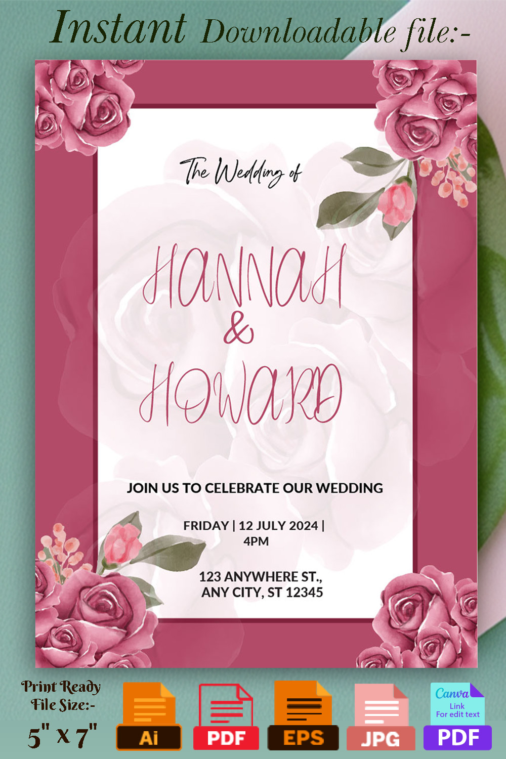 Image of a charming wedding invitation with pink color watercolor flowers.