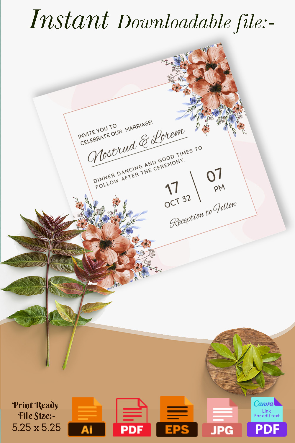 Pinterest image with Wedding Card Template with Brown Floral.