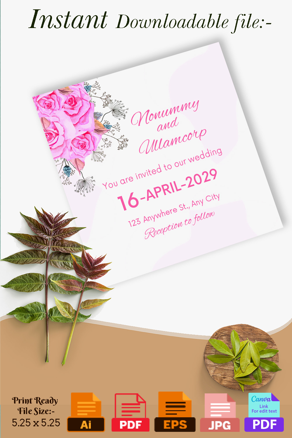 Romantic Pink Flowers Wedding Invitation Card pinterest image.