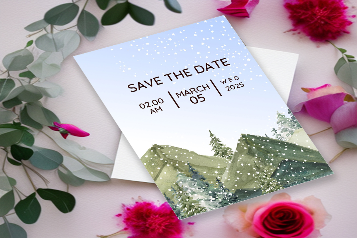 Image of colorful wedding card with winter design