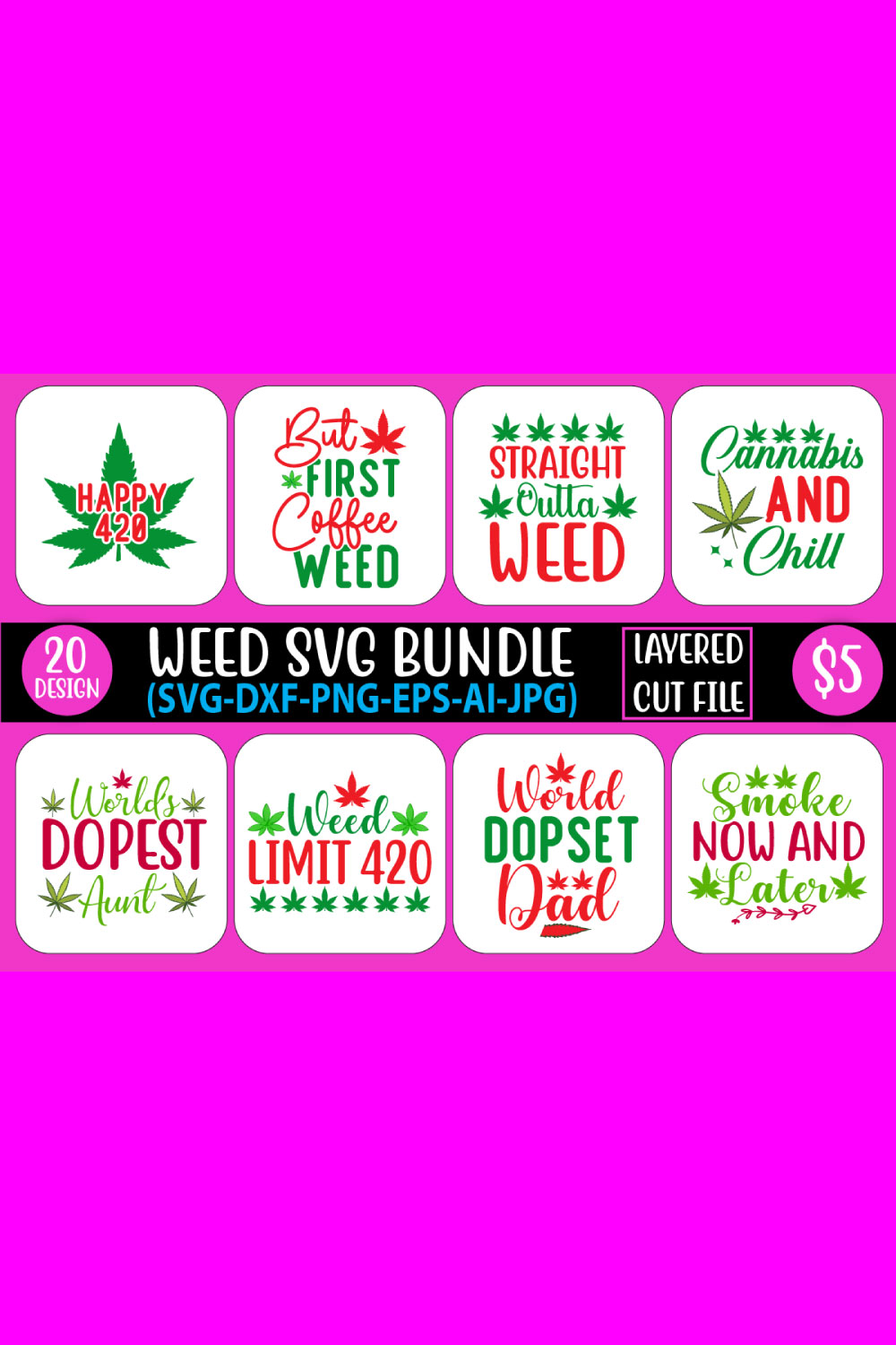 A set of adorable images for prints on the theme of weed