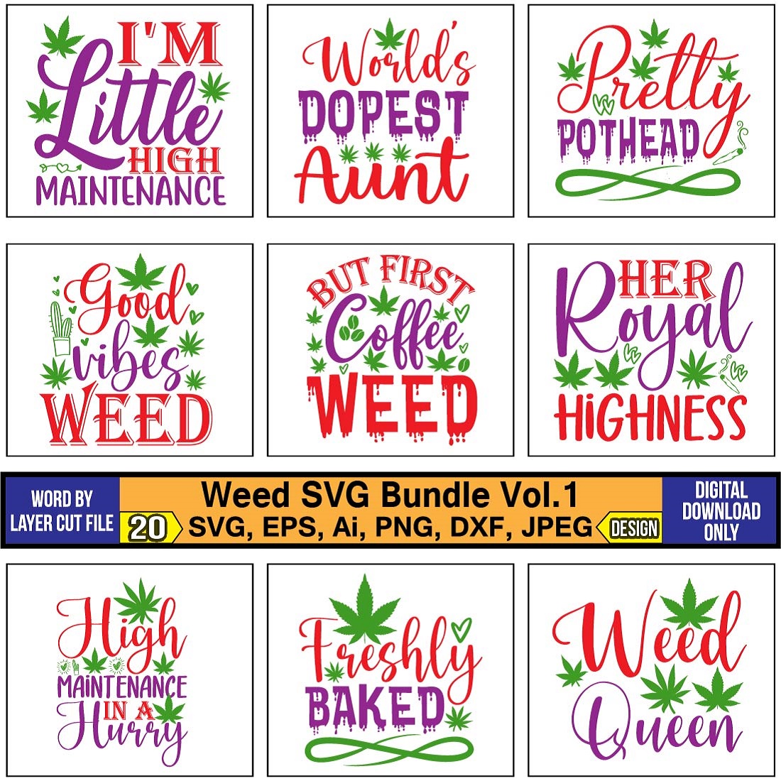 Collection of unique images for prints on the weed theme.