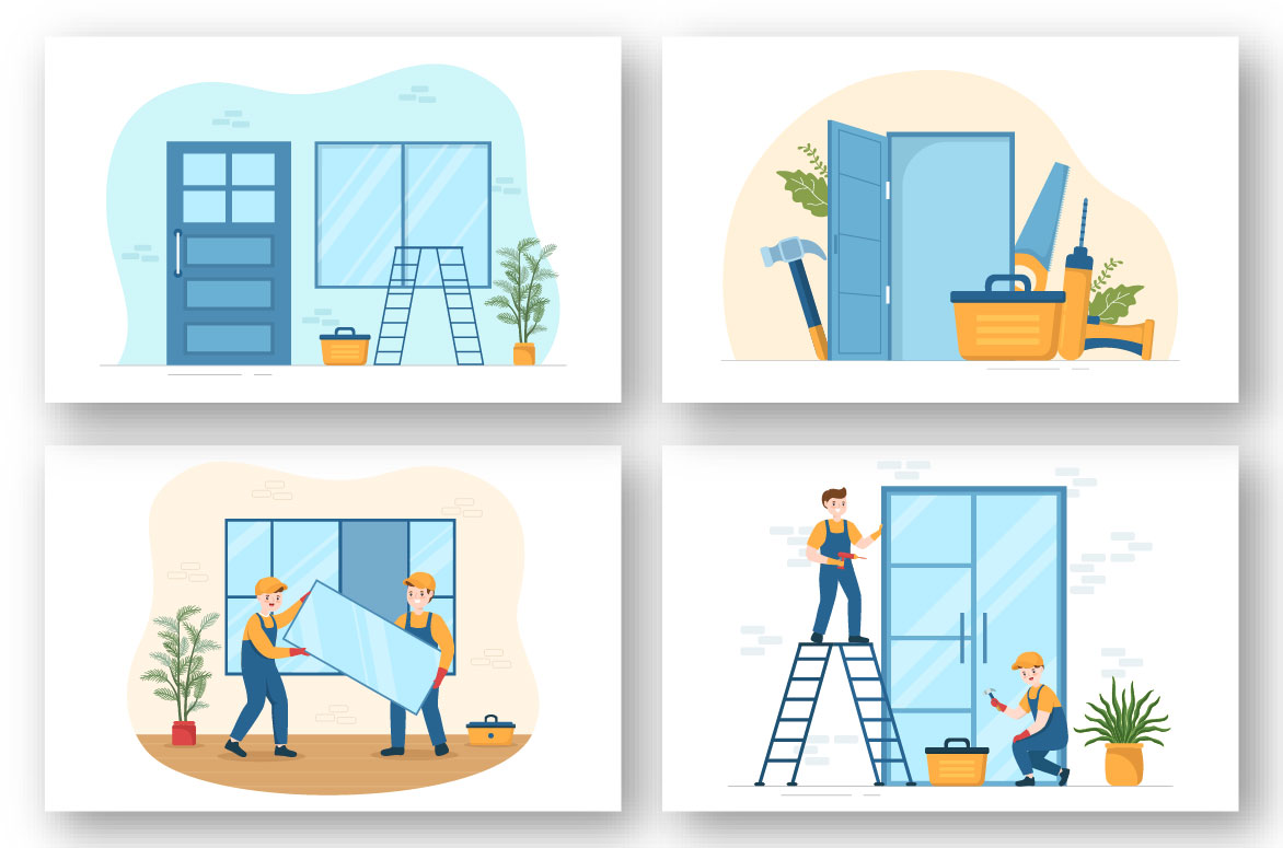 Cartoon Door and Window Installation Service Graphics Design preview image.