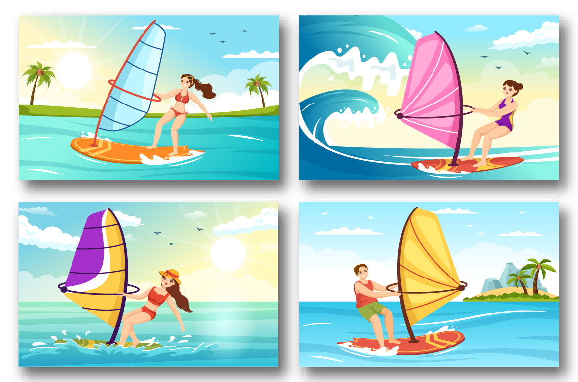 Four colorful windsurfing illustrations.