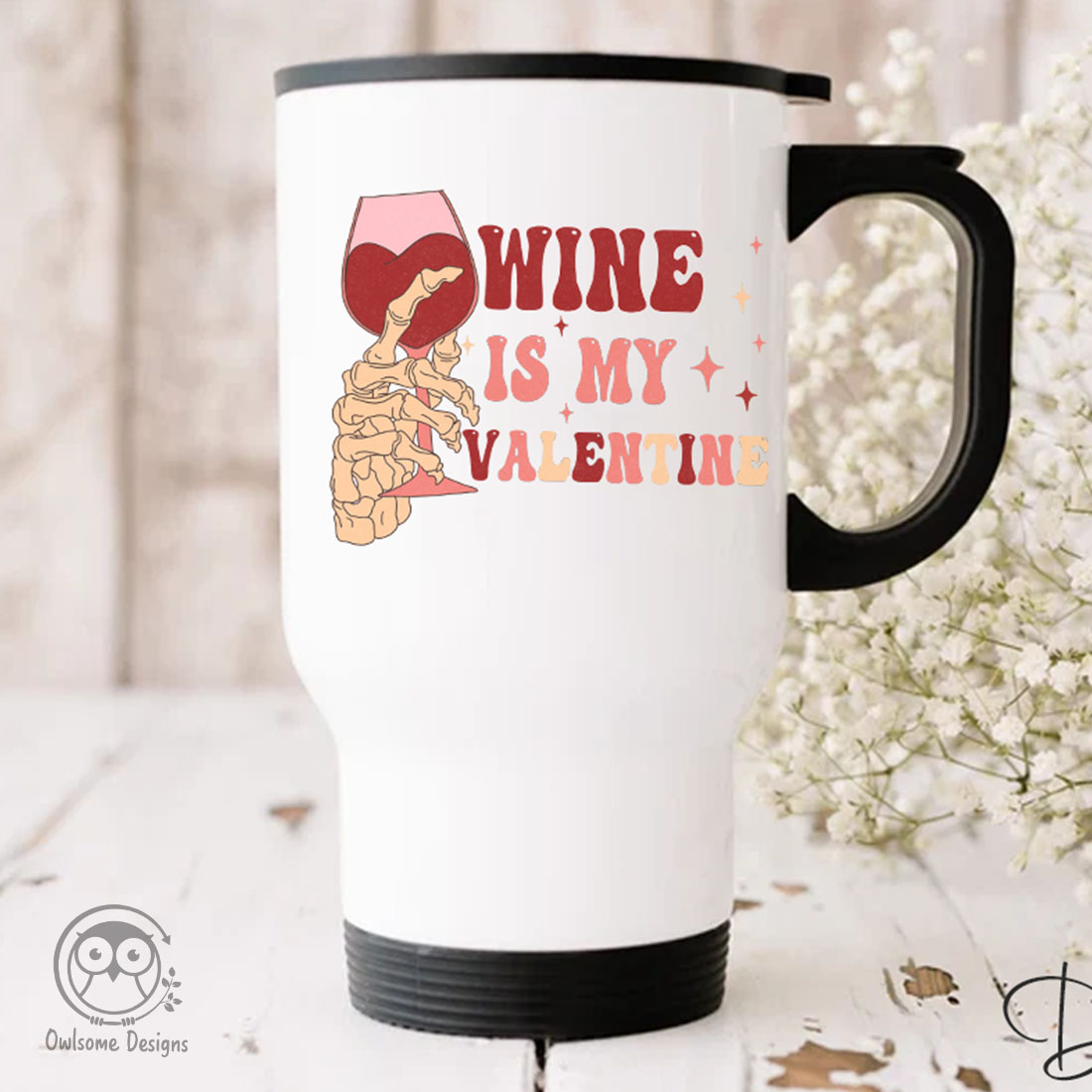 Image of mug with gorgeous print skeleton hands with glass of wine.