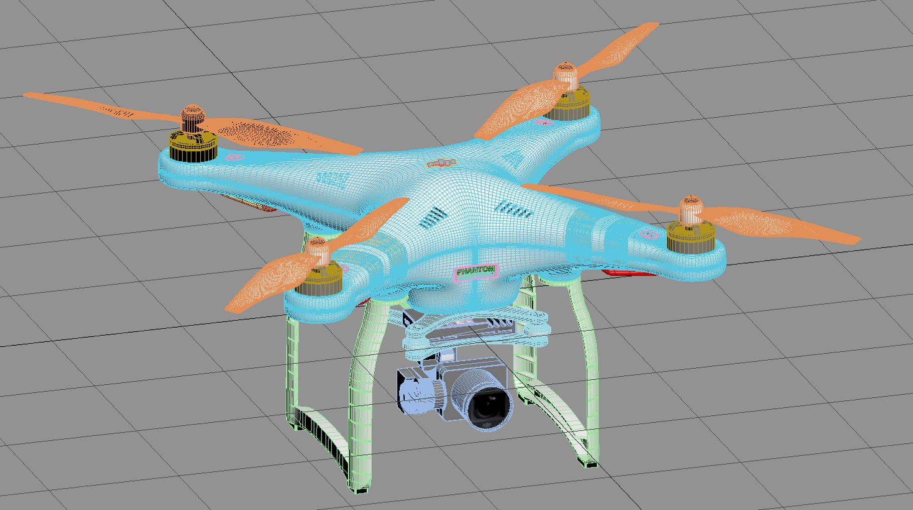 Colorful 3d model of a white drone DJI Phantom 3