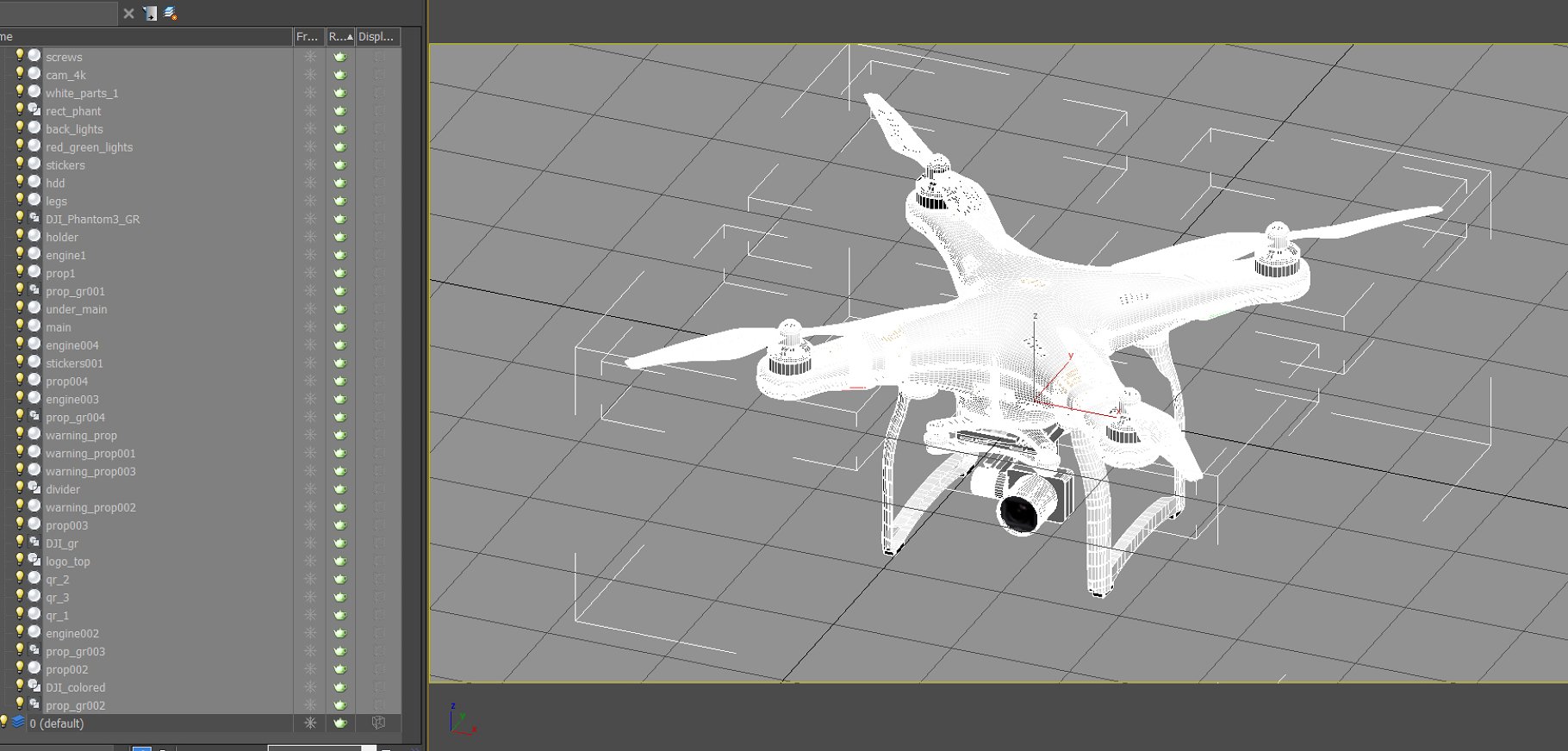 Image 3d model of a white DJI Phantom 3 drone in the software