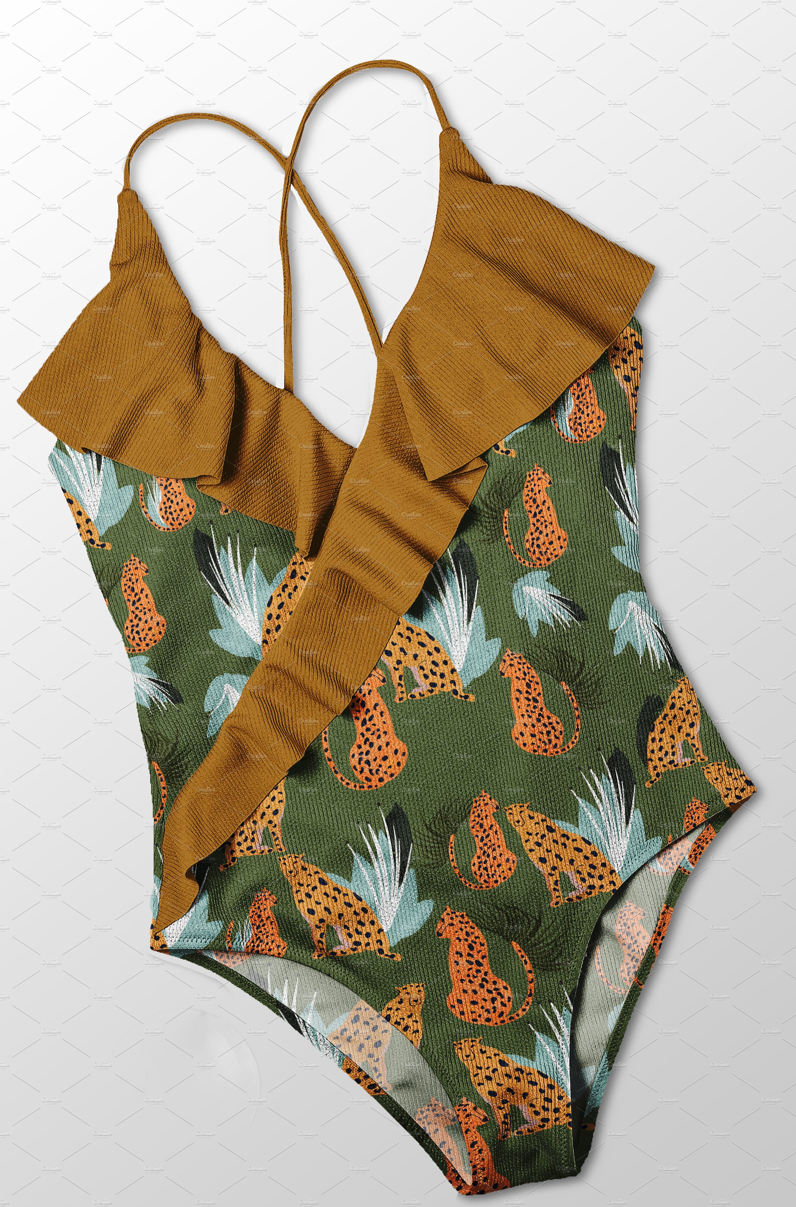 Cute woman swimsuit in a tropical print.